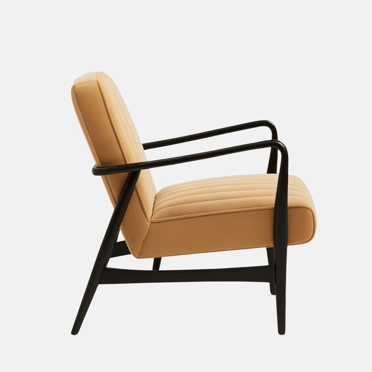 Mid-century modern lounge chair with vertical stitched camel upholstery, black wooden frame, and gently curved armrests.