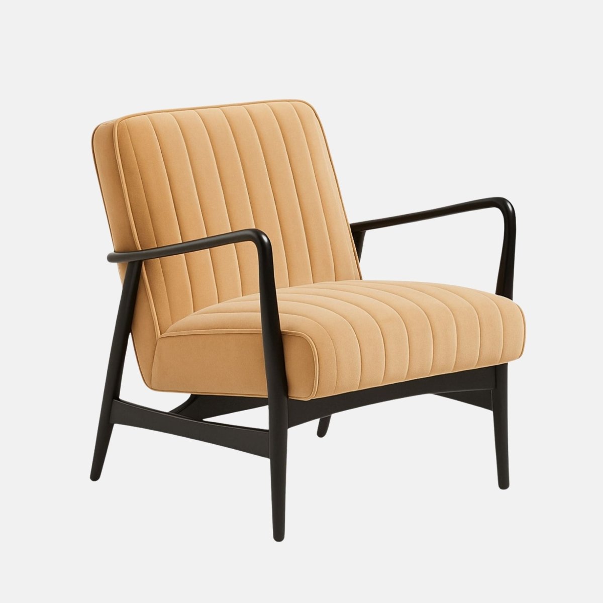 Mid-century modern lounge chair with vertical stitched camel upholstery, black wooden frame, and gently curved armrests.