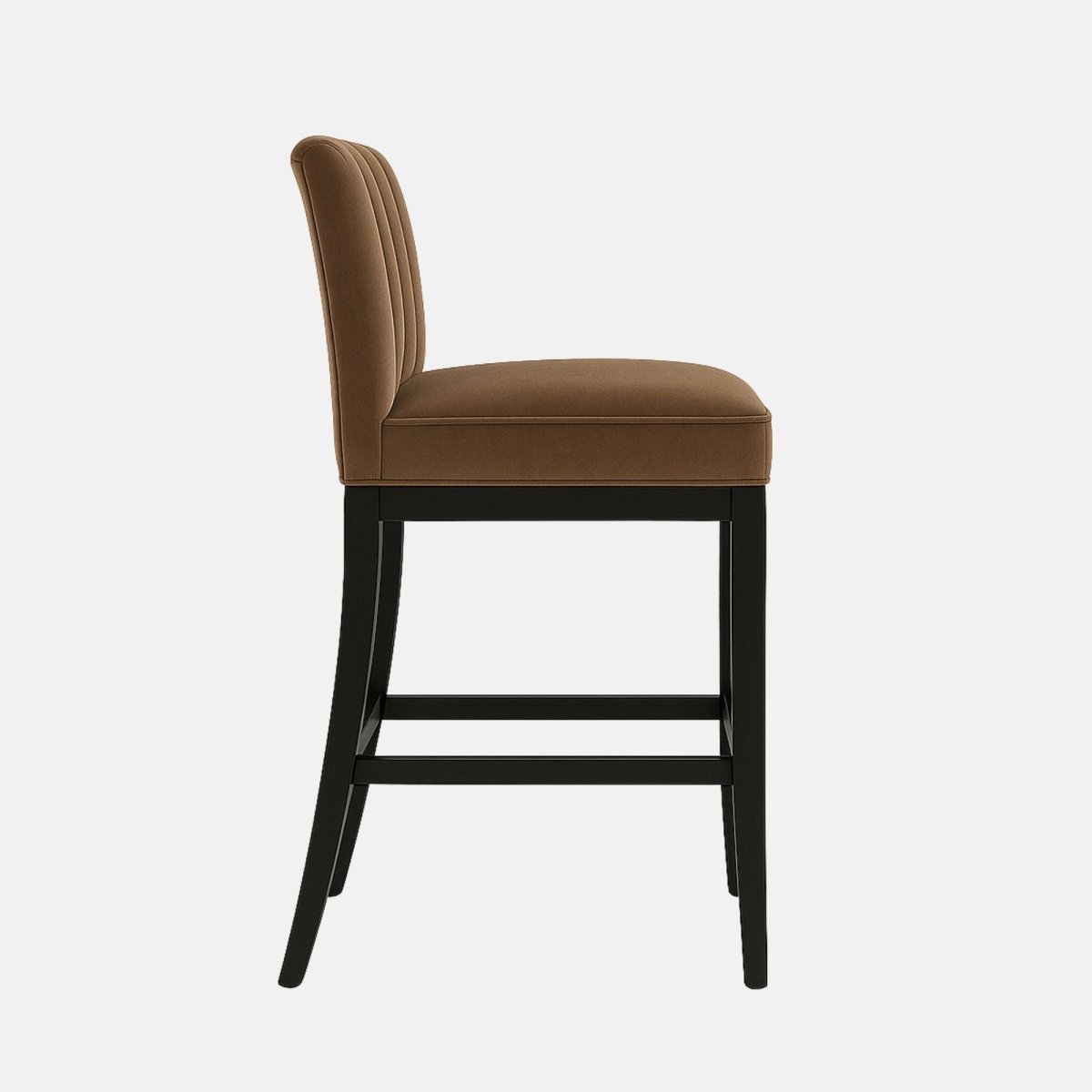 Elegant bar stool with brown upholstered channel-tufted backrest, cushioned seat, and sleek black wooden frame with footrest support