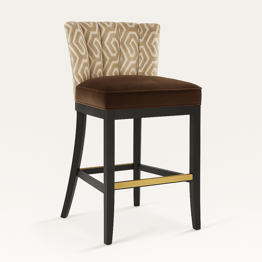 A stylish barstool featuring a geometric beige and cream upholstered backrest with dark brown piping, a plush chocolate brown seat cushion, and a sleek black wooden frame with gently flared legs and a brass-finished footrest, set against a neutral background.