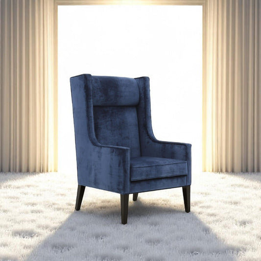 alt="Sleek modern lounge chair in navy blue fabric with low-profile design"