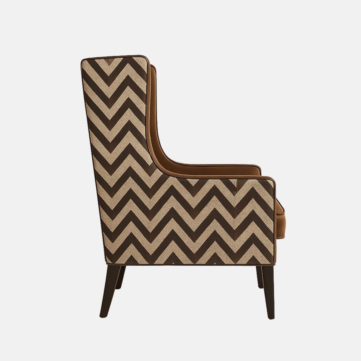 Elegant wingback armchair with brown upholstered seat and backrest, chevron-patterned fabric on the outer sides, and dark wooden legs.