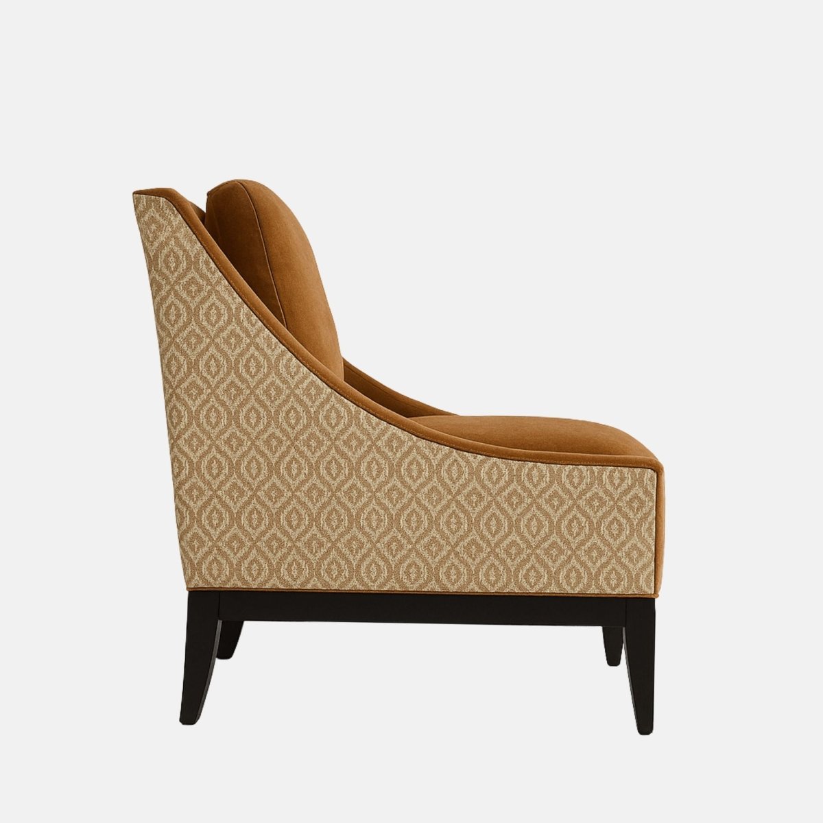 Contemporary accent chair with burnt orange velvet upholstery, matching button-tufted back cushion, patterned fabric on the sides, and black wooden legs.