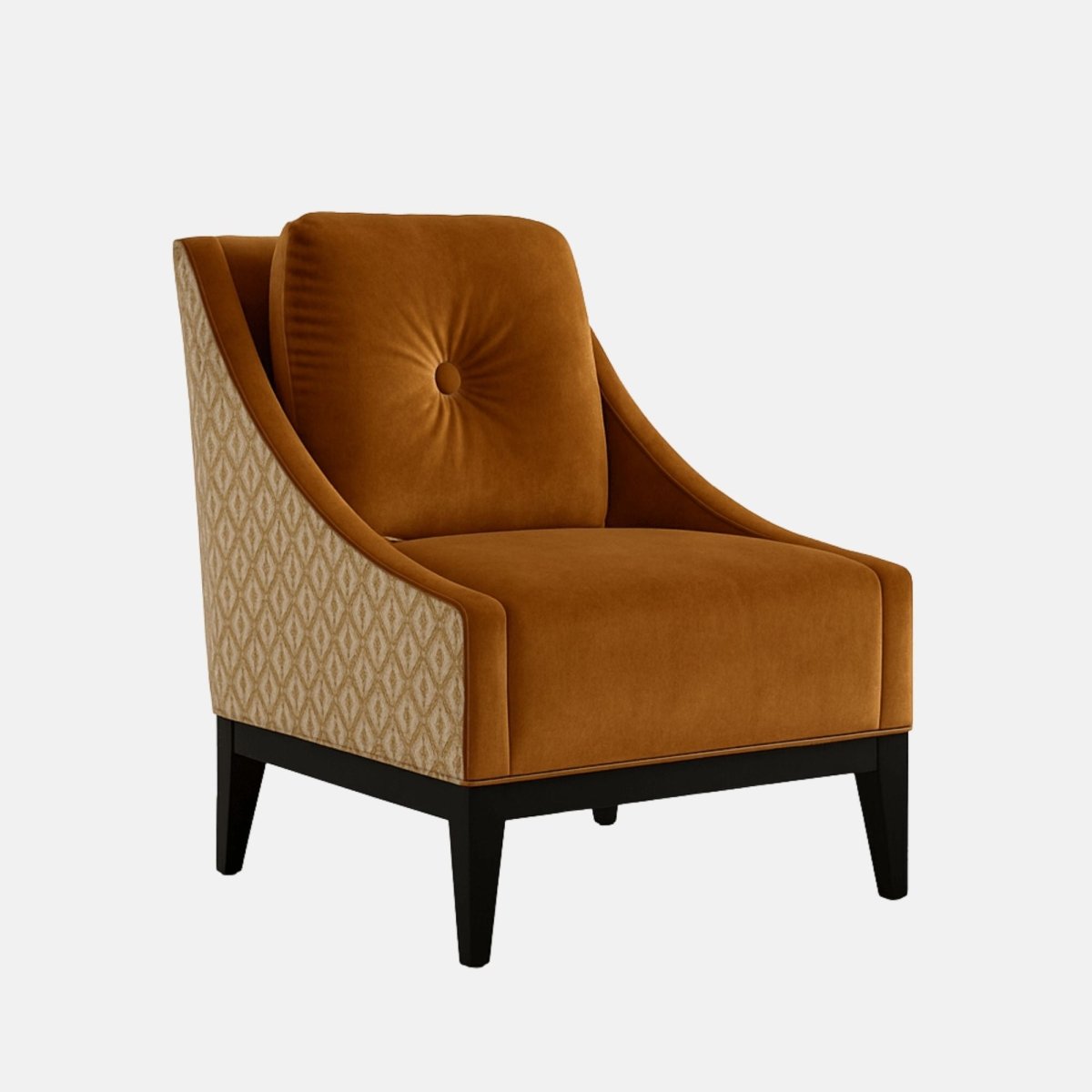 Contemporary accent chair with burnt orange velvet upholstery, matching button-tufted back cushion, patterned fabric on the sides, and black wooden legs.