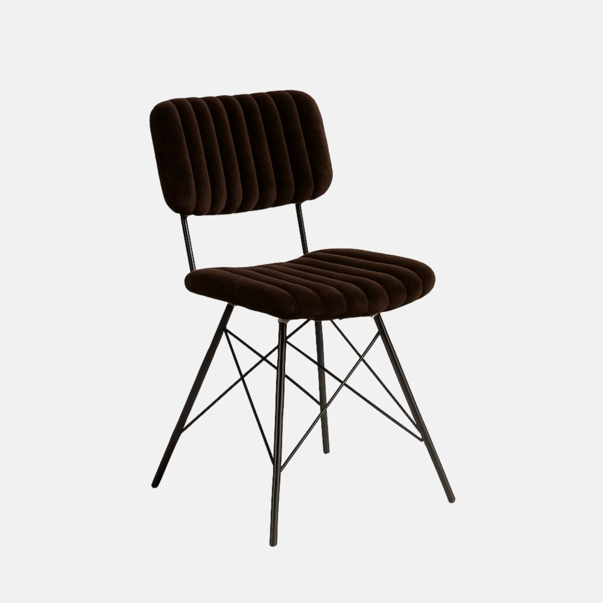 Mid-century modern dining chair with rich brown velvet upholstery, vertical channel tufting, and a black powder-coated metal frame with cross-brace detailing, set against a neutral background.
