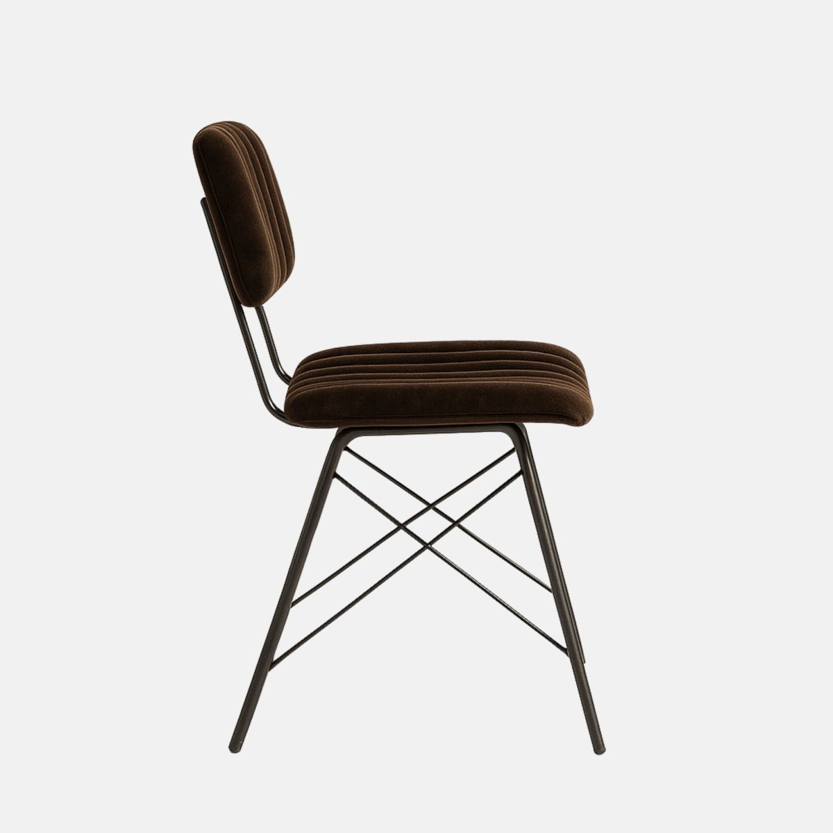 Mid-century modern dining chair with rich brown velvet upholstery, vertical channel tufting, and a black powder-coated metal frame with cross-brace detailing, set against a neutral background.