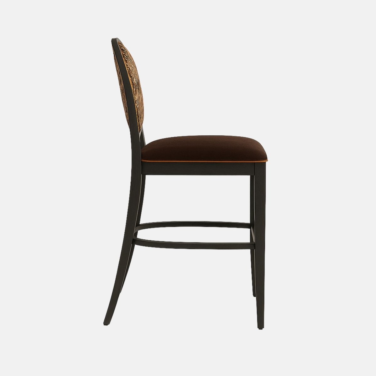 Elegant bar stool with round backrest featuring a snakeskin-patterned upholstery, brown cushioned seat, and black wooden frame with curved footrest