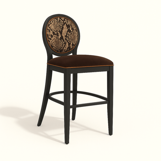 Luxury black wooden bar stool with snakeskin-patterned backrest and chocolate brown velvet seat, ideal for modern kitchen or home bar décor.