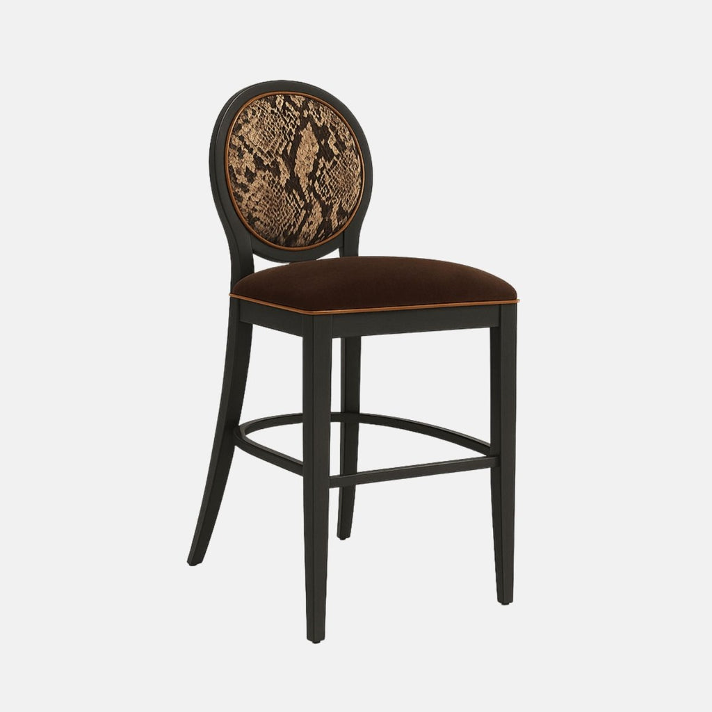 Elegant bar stool with round backrest featuring a snakeskin-patterned upholstery, brown cushioned seat, and black wooden frame with curved footrest