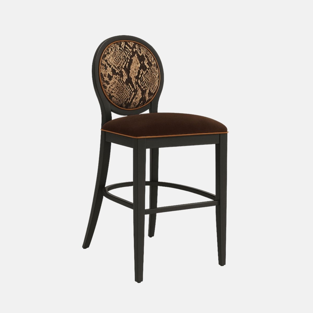 Elegant bar stool with round backrest featuring a snakeskin-patterned upholstery, brown cushioned seat, and black wooden frame with curved footrest