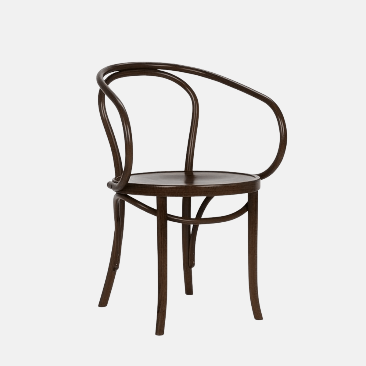 Ella Armchair – elegant dark bentwood armchair with curved frame and smooth veneer seat, ideal for restaurants, cafés, and stylish indoor spaces.