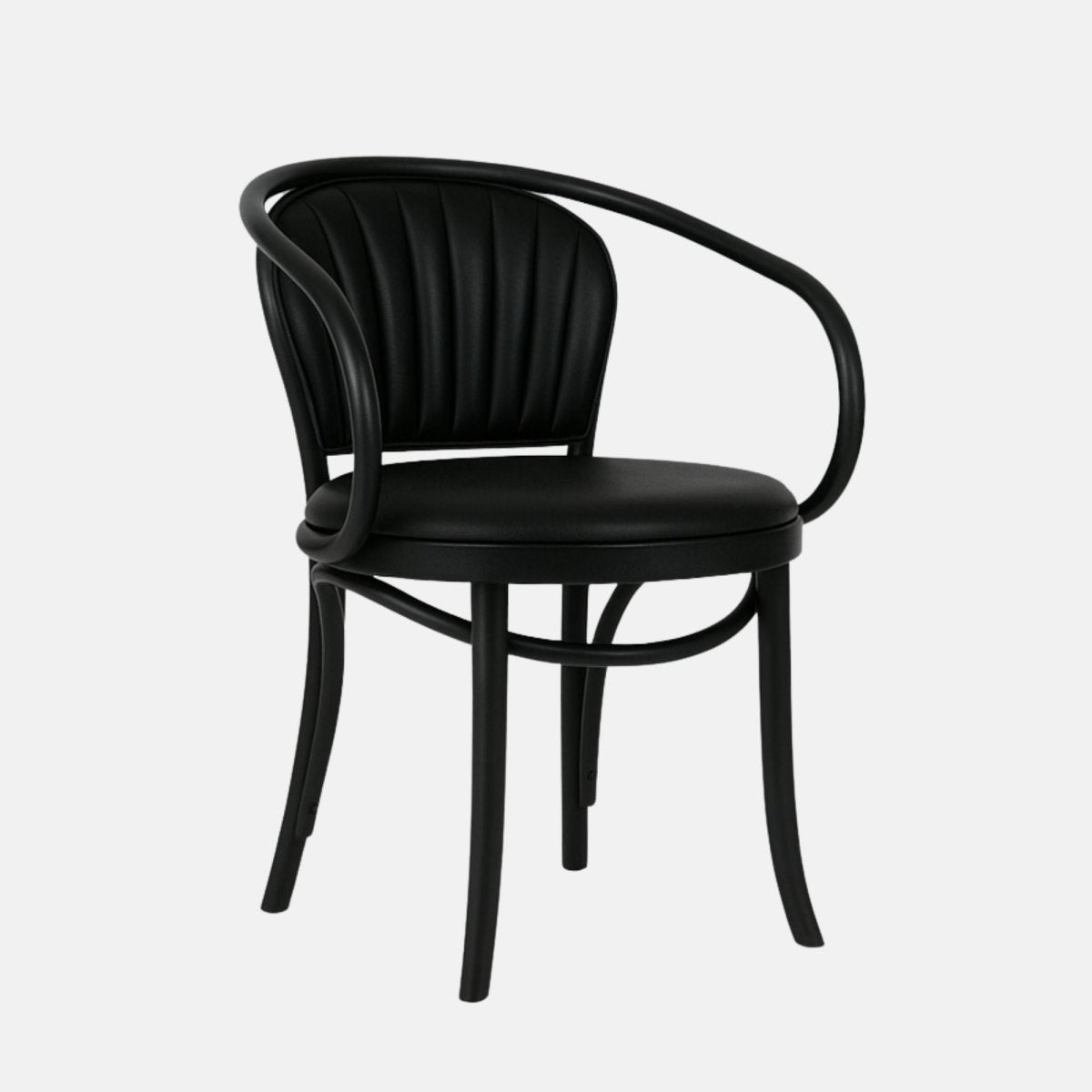 Black wooden armchair with a curved backrest and arm design, upholstered seat, and bentwood-style frame.
