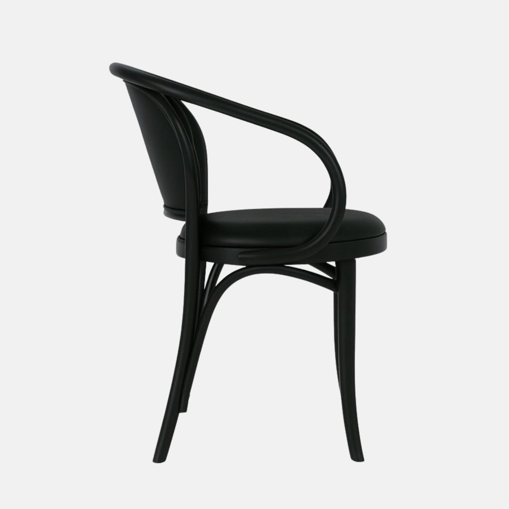 Black wooden armchair with a curved backrest and arm design, upholstered seat, and bentwood-style frame.