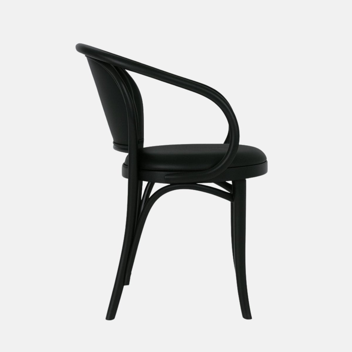 Black wooden armchair with a curved backrest and arm design, upholstered seat, and bentwood-style frame.