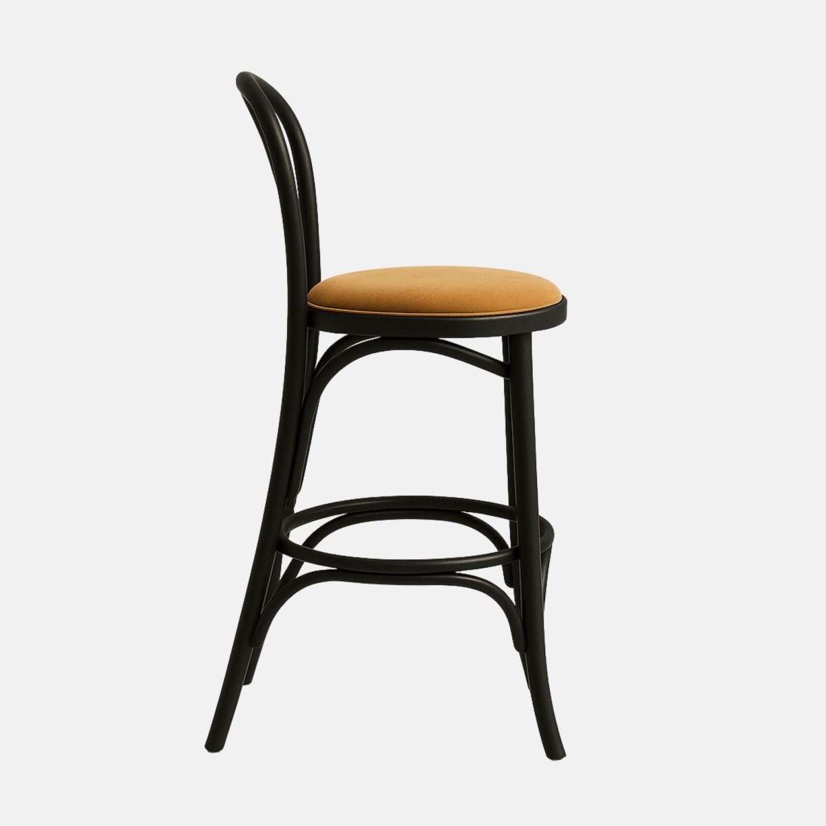 Classic bentwood bar stool with curved black frame, round backrest, and cushioned tan upholstered seat with circular footrest support