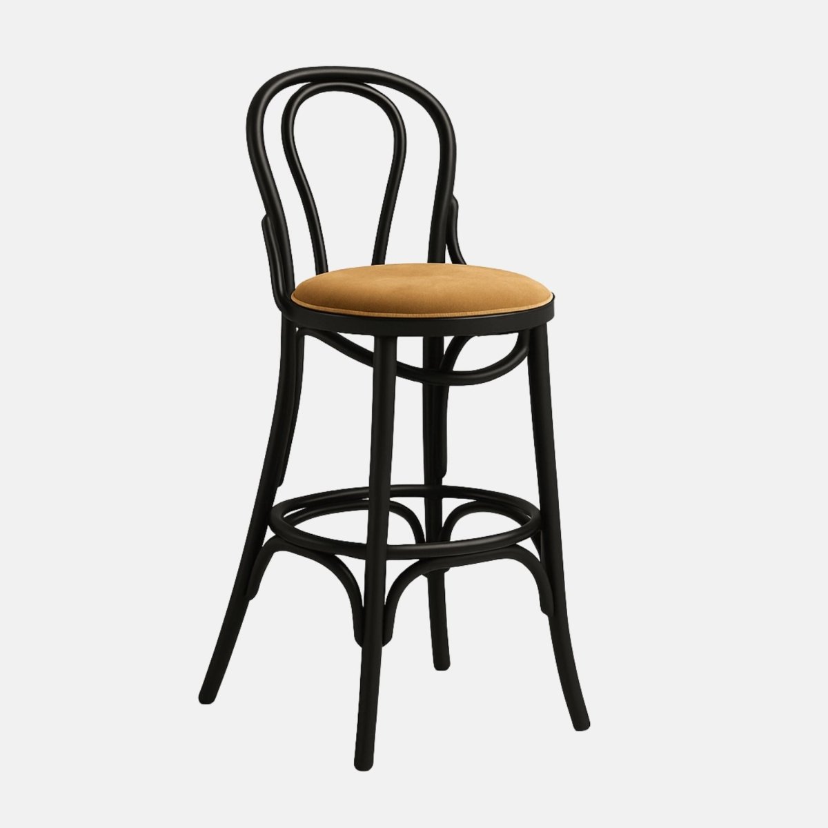 Classic bentwood bar stool with curved black frame, round backrest, and cushioned tan upholstered seat with circular footrest support