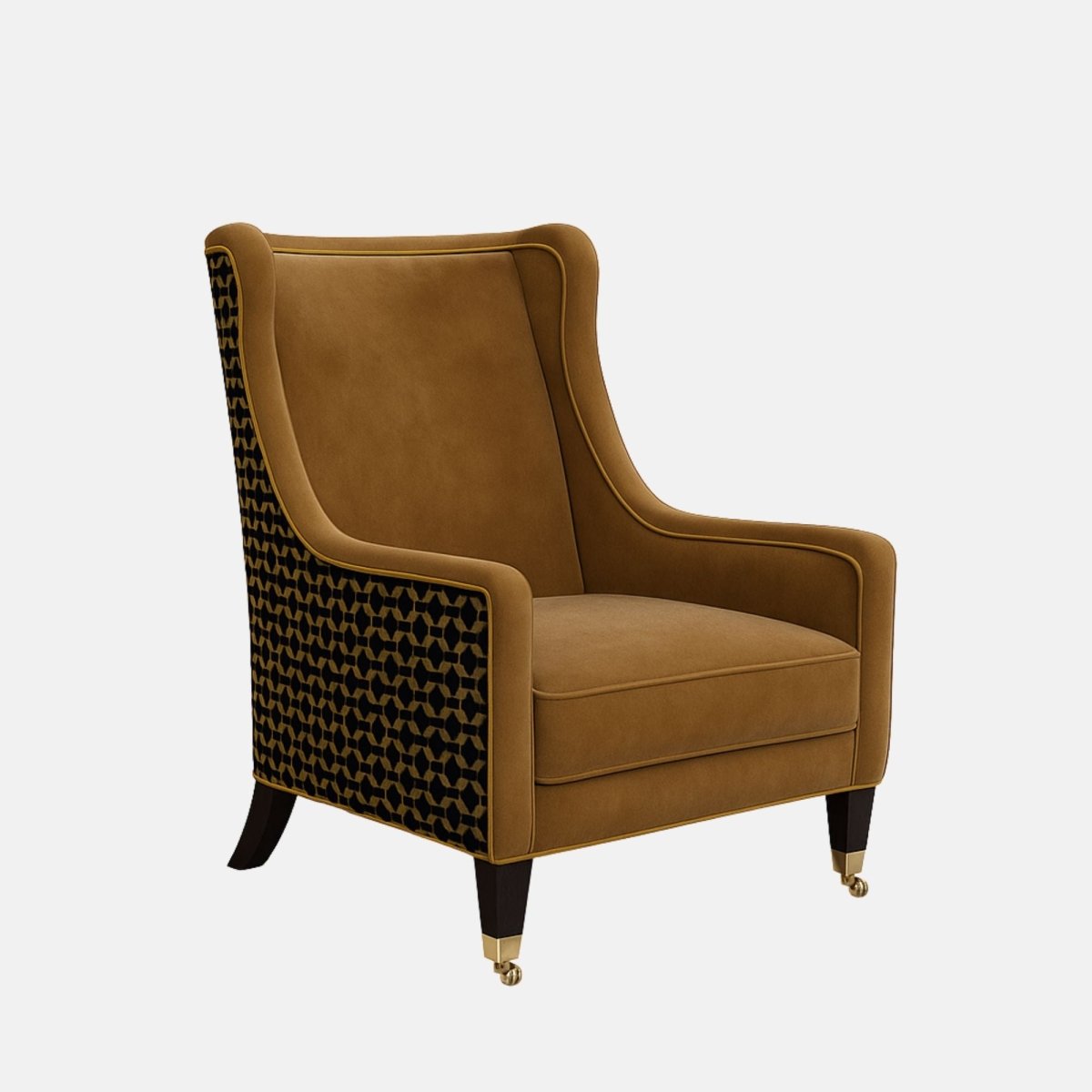 Camel-brown upholstered armchair with gently curved sides, a cushioned seat, black legs with brass castors, and black-and-gold geometric patterned fabric on the outer back and sides