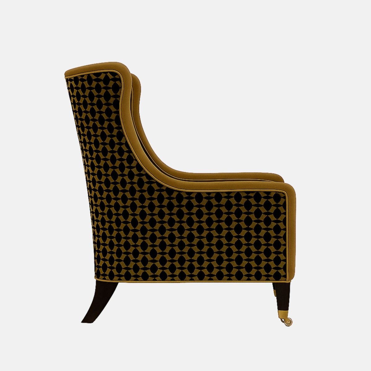 Camel-brown upholstered armchair with gently curved sides, a cushioned seat, black legs with brass castors, and black-and-gold geometric patterned fabric on the outer back and sides
