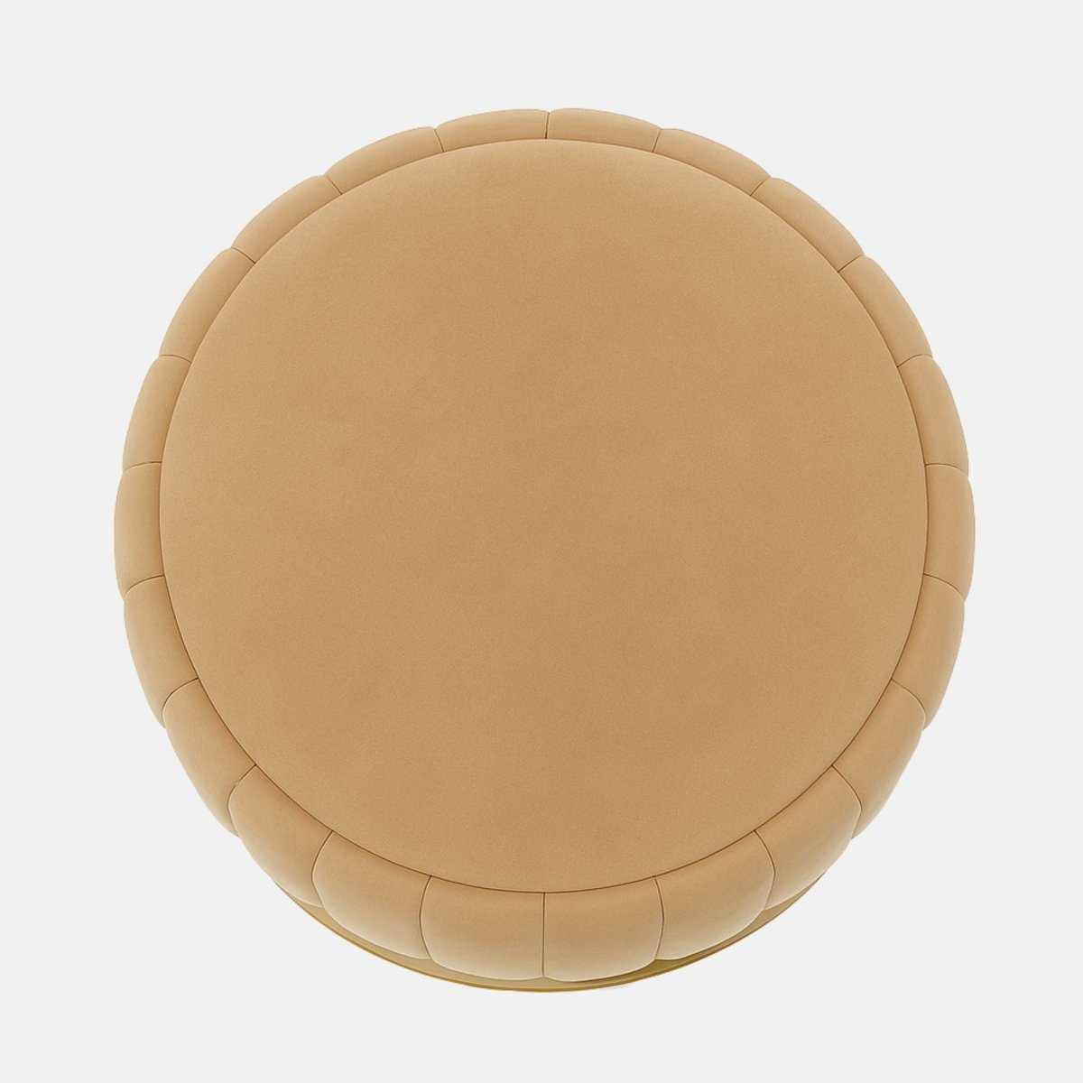 Beige velvet round ottoman with vertical panel design and brushed brass base modern upholstered stool or coffee table for living room, bedroom, or hotel lounge.