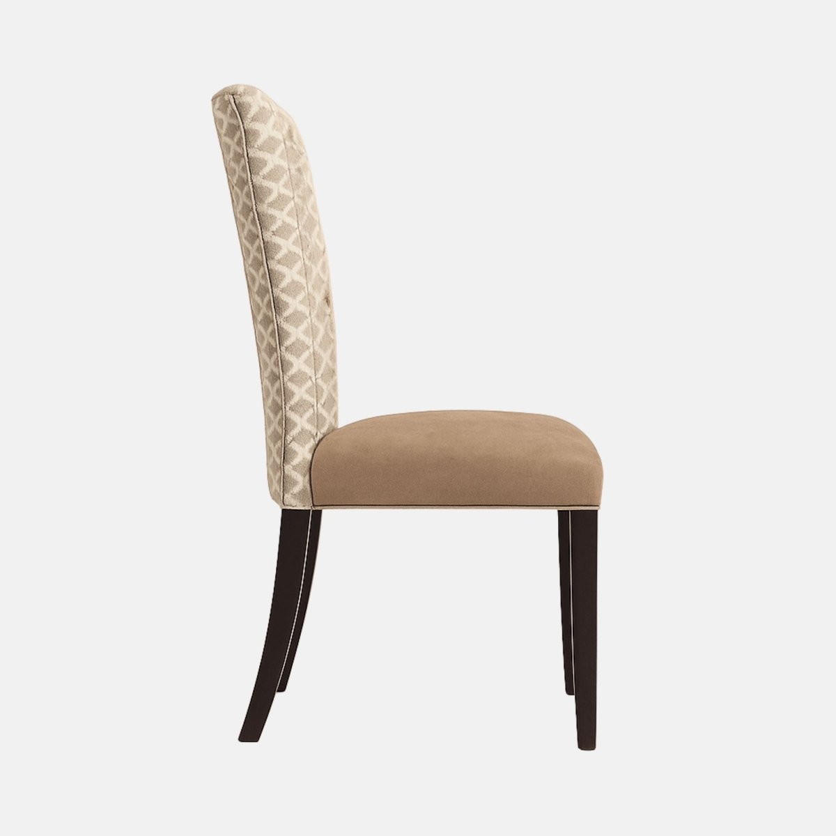 Elegant upholstered dining chair with beige patterned tufted backrest, soft tan seat cushion, and dark wooden legs, ideal for dining rooms or restaurants.
