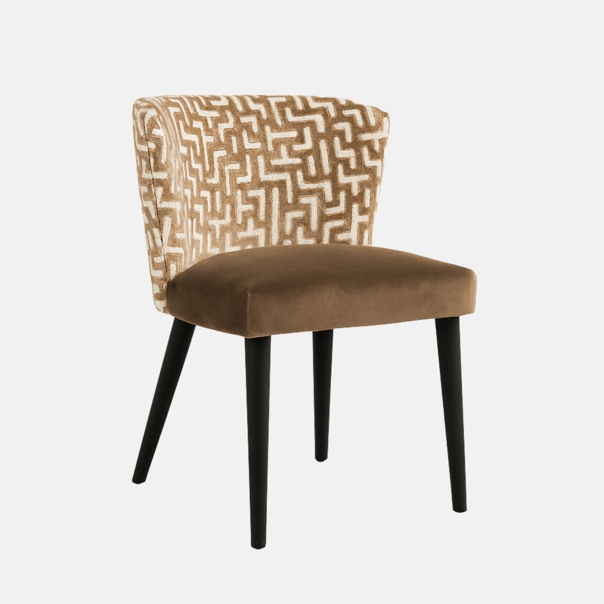 Modern dining chair with a brown cushioned seat, patterned beige and brown fabric backrest, and black wooden legs.