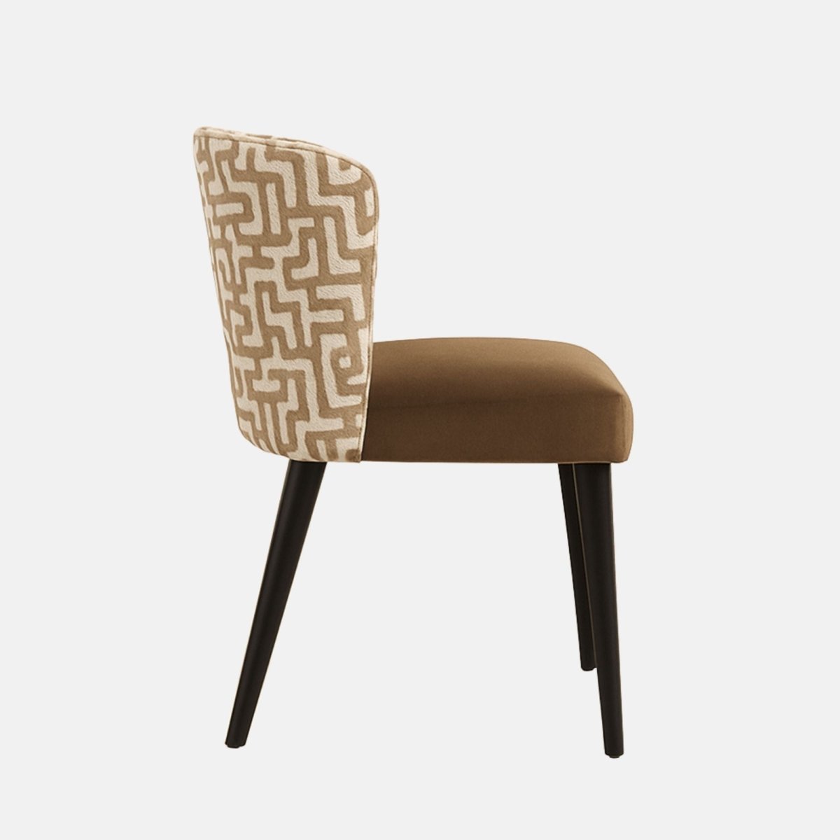 Modern dining chair with a brown cushioned seat, patterned beige and brown fabric backrest, and black wooden legs.
