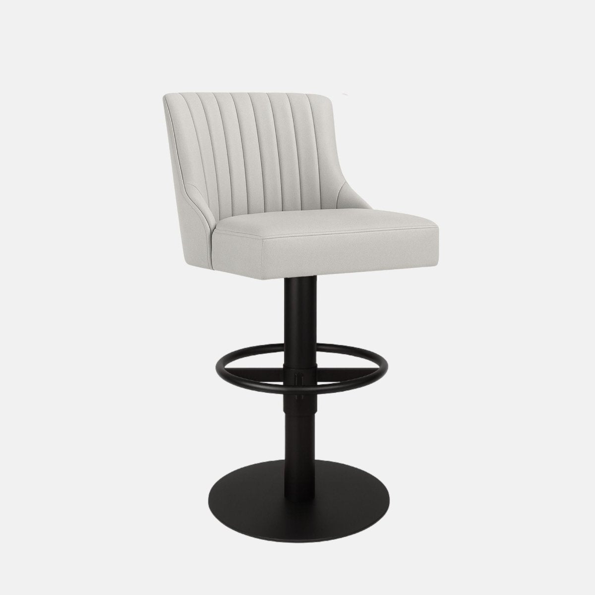 Front view of a light grey upholstered swivel counter stool with vertical channel-stitched backrest, black pedestal base, round footrest ring and circular base on a white background.