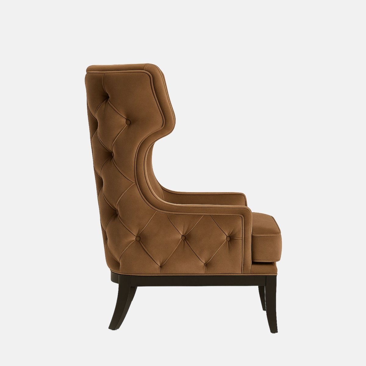 Taupe wingback armchair with a button-tufted cushion, curved panelled backrest, black legs, and geometric patterned fabric on the outer sides