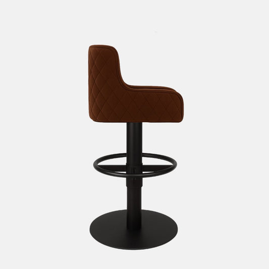 Brown quilted velvet 360° swivel bar stool with diamond-stitched upholstery and black powder-coated base — handcrafted bespoke counter stool for modern luxury interiors.