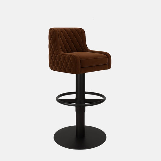 Brown quilted velvet 360° swivel bar stool with diamond-stitched upholstery and black powder-coated base — handcrafted bespoke counter stool for modern luxury interiors.