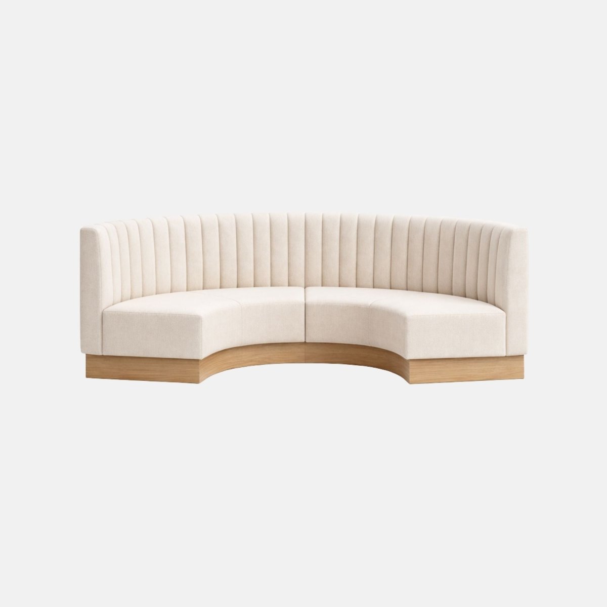 Curved banquette booth upholstered in cream fabric with vertical fluted backrest detailing and a curved wooden plinth base, suitable for restaurant or lounge seating.