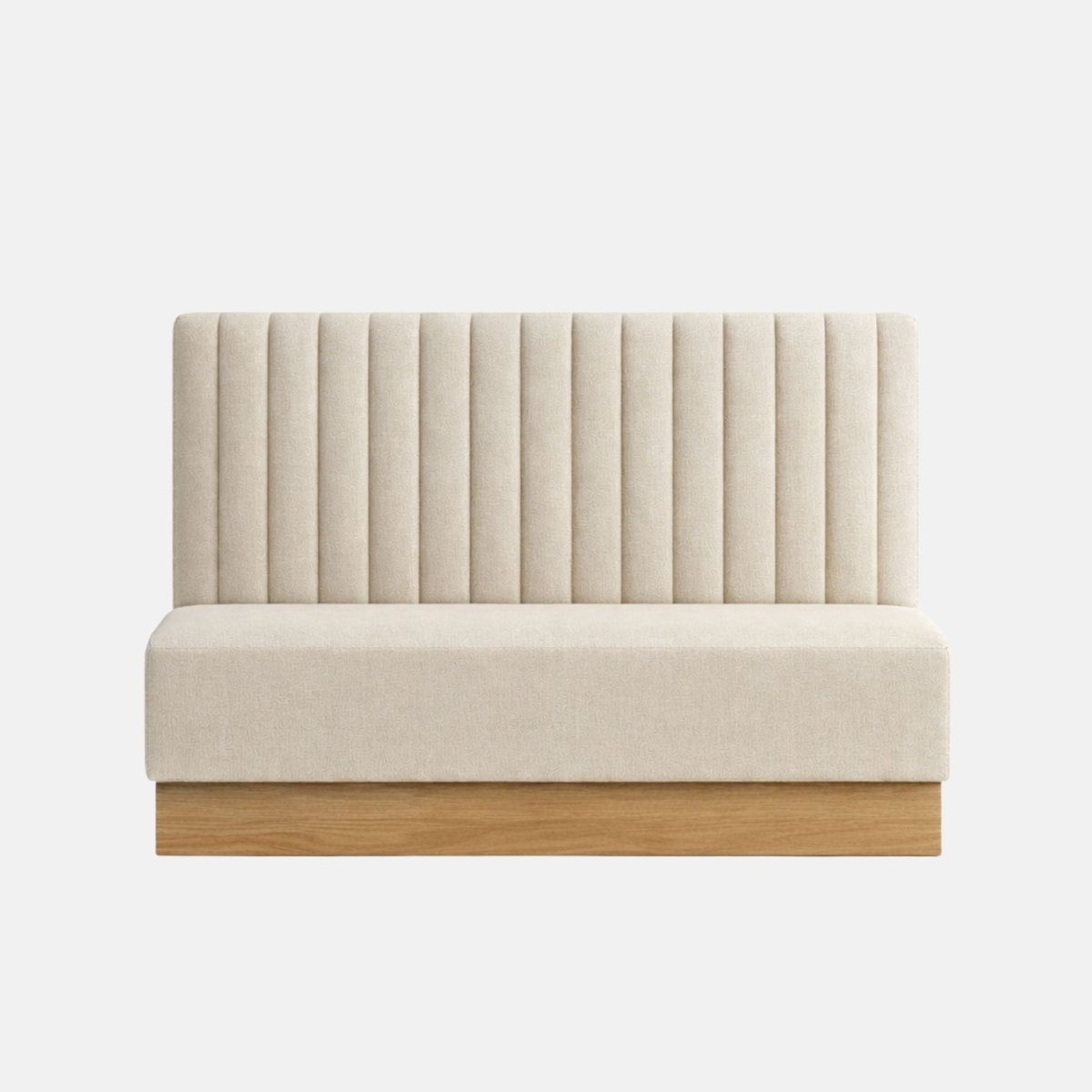 Straight banquette bench upholstered in cream fabric with vertical fluted backrest detailing and a wooden plinth base, suitable for restaurant or booth seating.