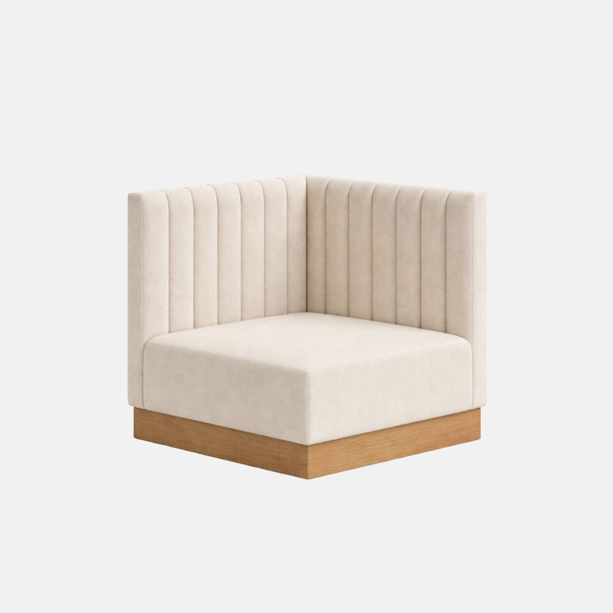 Corner banquette seat upholstered in cream fabric with vertical fluted detailing and a wooden plinth base, designed for modular booth or lounge seating.
