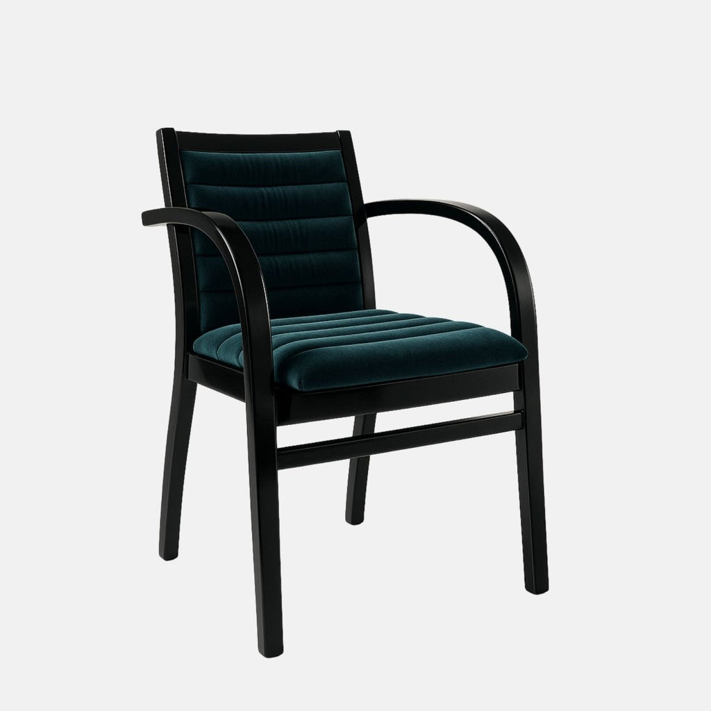 Contemporary armchair with a black wooden frame and curved armrests, upholstered in deep teal velvet with horizontal channel stitching on the seat and backrest, set against a light grey background
