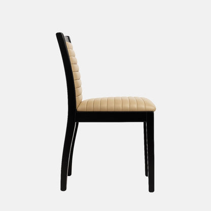 Elegant dining chair with a black wooden frame and legs, featuring beige leather upholstery with horizontal channel stitching on the seat and backrest, set against a light grey background