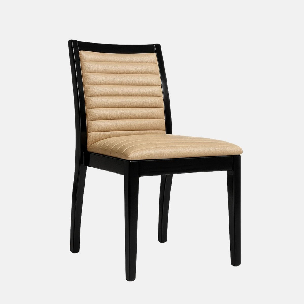 Elegant dining chair with a black wooden frame and legs, featuring beige leather upholstery with horizontal channel stitching on the seat and backrest, set against a light grey background