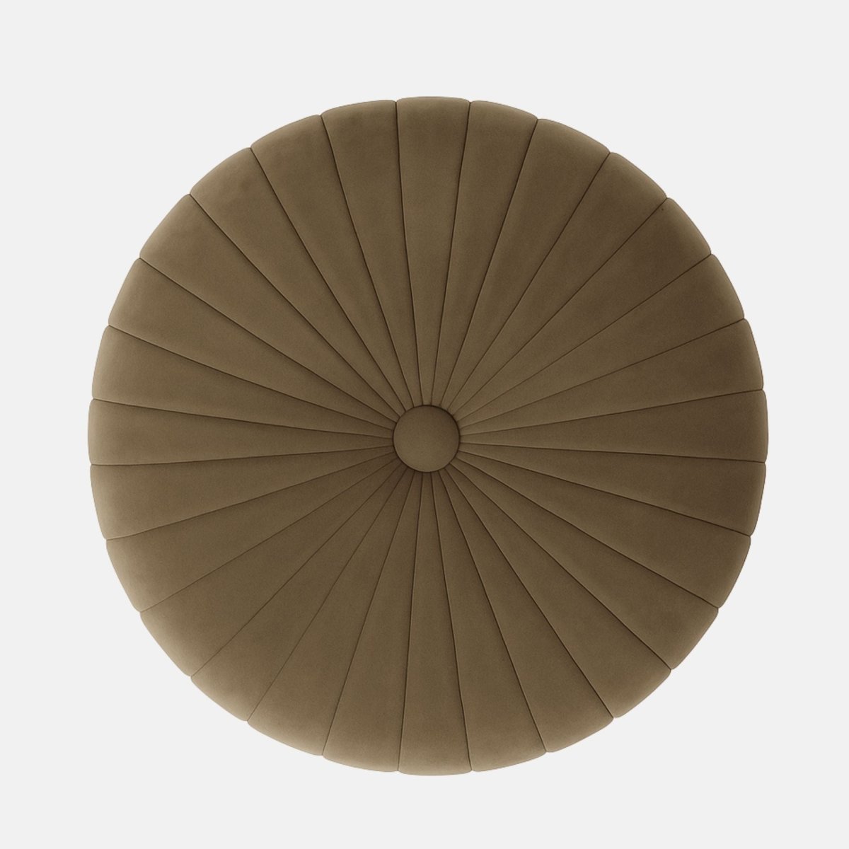 Taupe velvet round ottoman with vertical channel upholstery and natural wood base modern upholstered stool or side table for living room, bedroom, or hotel lounge.