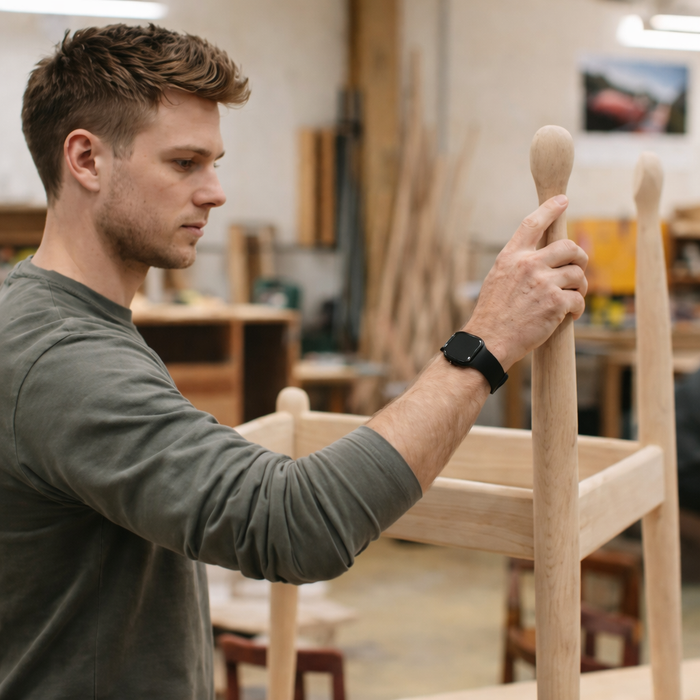 Furniture craftsman assembling a wooden chair frame in a woodworking workshop