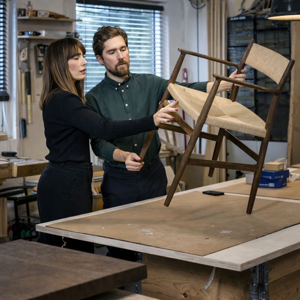Two furniture designers inspecting a wooden chair frame in a furniture workshop