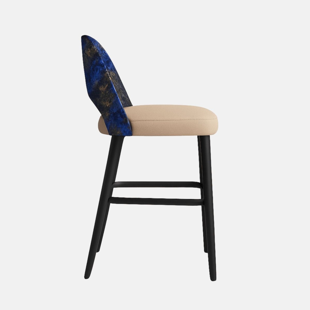 Contemporary bar stool with a deep blue and gold patterned fabric backrest, beige cushioned seat, and black wooden legs with footrest.