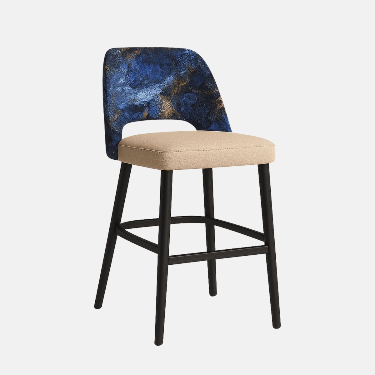Contemporary bar stool with a deep blue and gold patterned fabric backrest, beige cushioned seat, and black wooden legs with footrest.