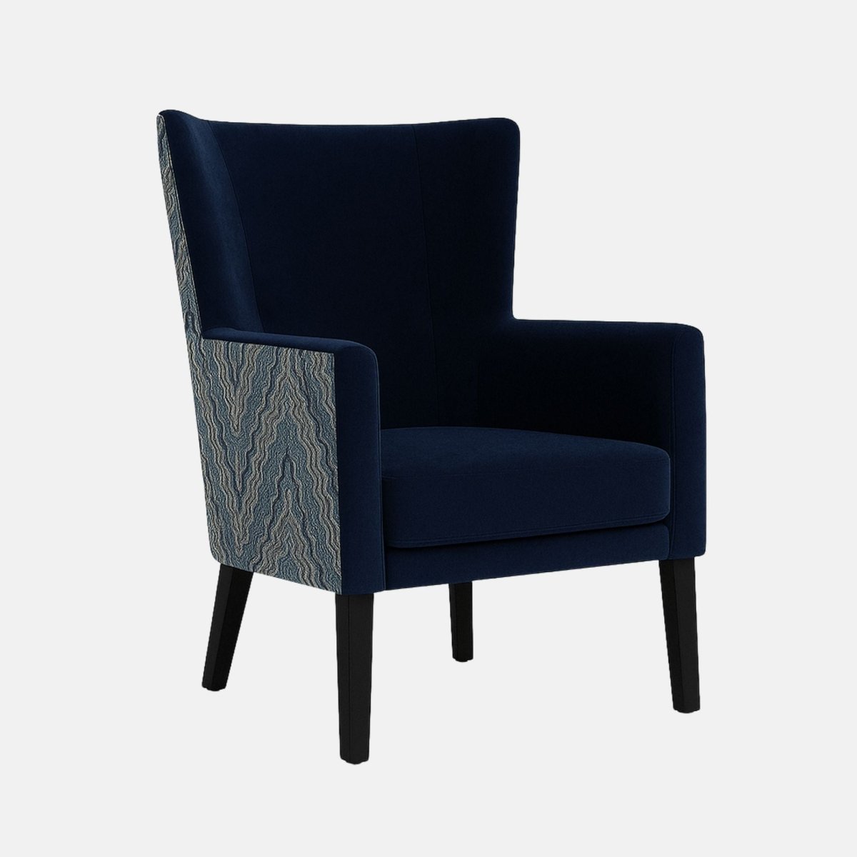Modern wingback armchair with deep navy blue upholstery, patterned blue fabric on the outer sides, cushioned seat, and black wooden legs.