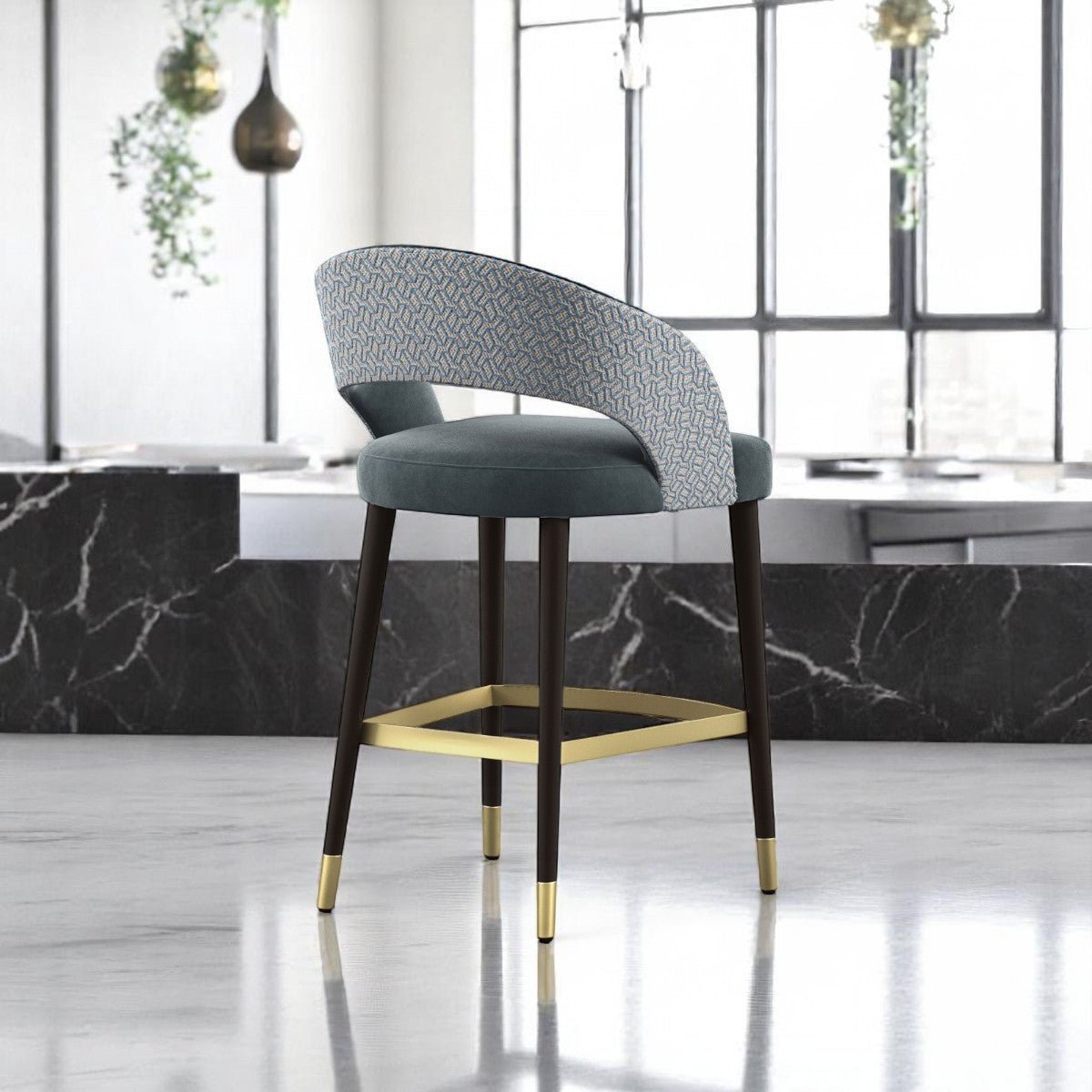 alt="Luxurious modern bar stool with soft fabric seat and gold metal leg rest for a refined look"
