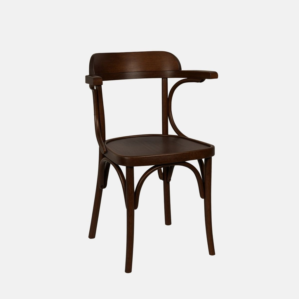 Grace Armchair – dark wooden bentwood armchair with curved open back and veneer seat, ideal for restaurants, cafés, and hotel dining spaces