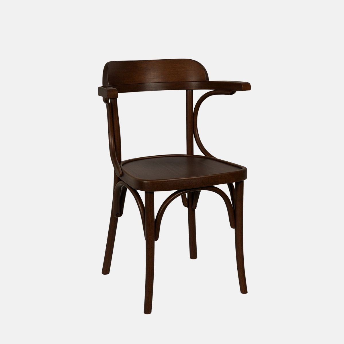 Grace Armchair – dark wooden bentwood armchair with curved open back and veneer seat, ideal for restaurants, cafés, and hotel dining spaces