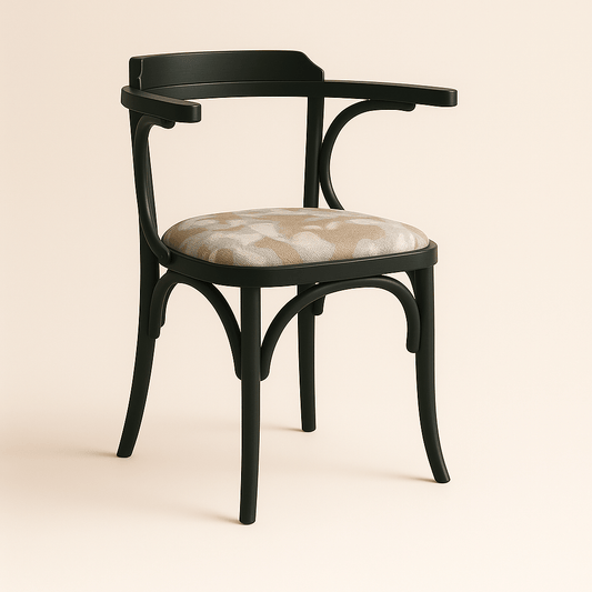 Designer bentwood armchair in black finish with soft beige patterned upholstery, perfect for luxury dining or café seating