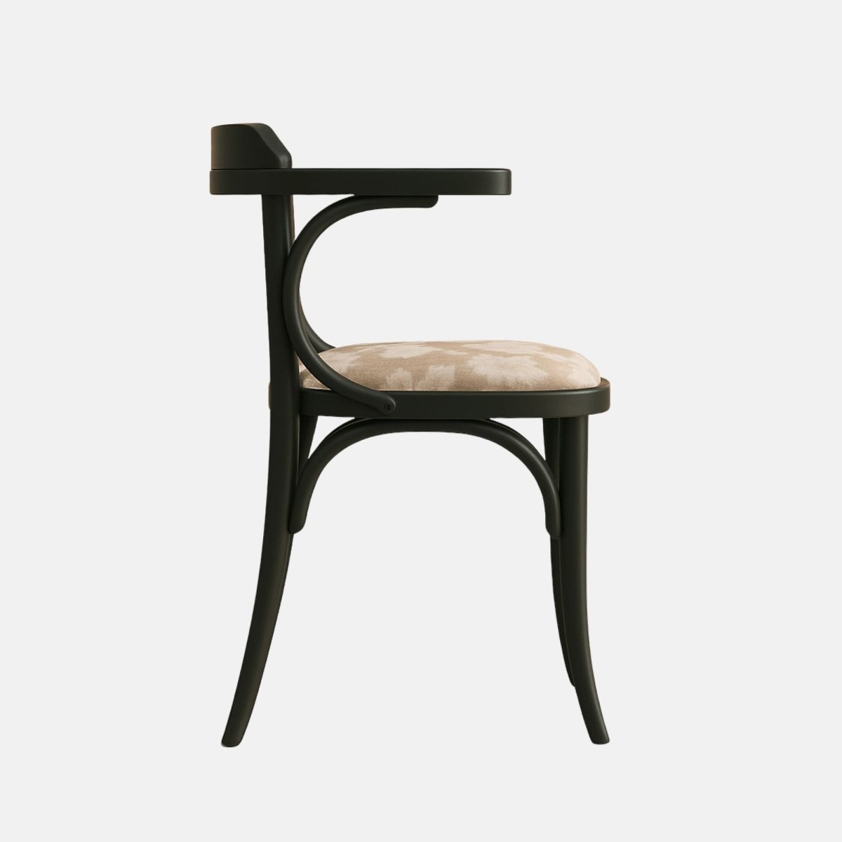 Designer bentwood armchair in black finish with soft beige patterned upholstery, perfect for luxury dining or café seating