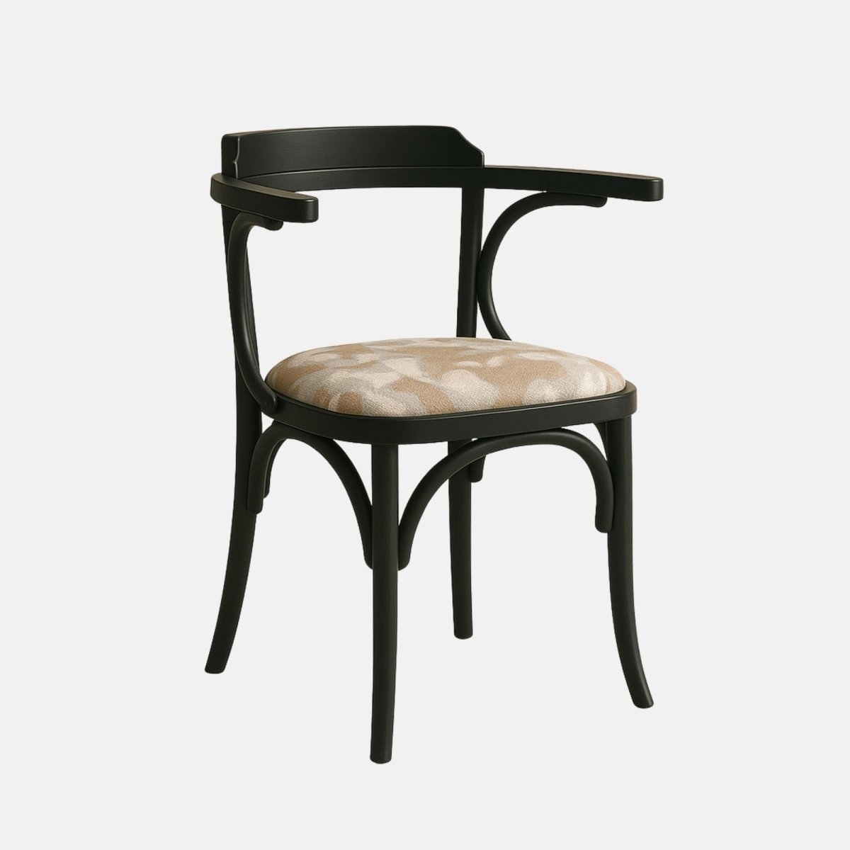 Designer bentwood armchair in black finish with soft beige patterned upholstery, perfect for luxury dining or café seating