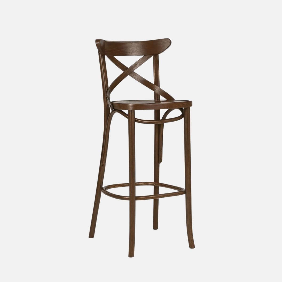Victoria High Stool – elegant bentwood wooden bar stool with cross-hatch backrest in dark walnut finish, ideal for restaurants, cafés, and hotel interiors.”