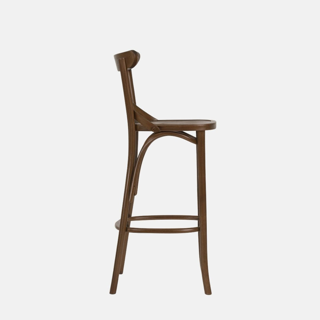 Victoria High Stool – elegant bentwood wooden bar stool with cross-hatch backrest in dark walnut finish, ideal for restaurants, cafés, and hotel interiors.”